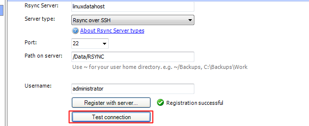 Testing the connection to the Rsync Server