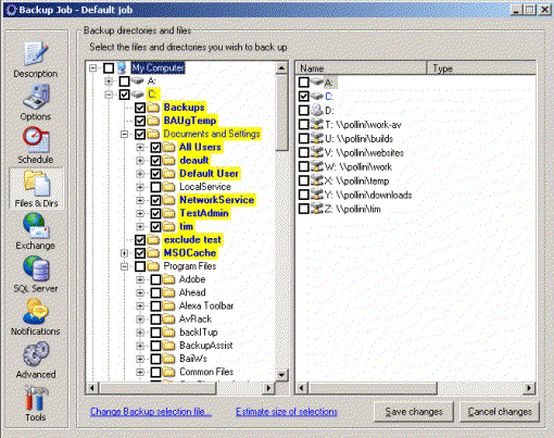 BackupAssist file selection