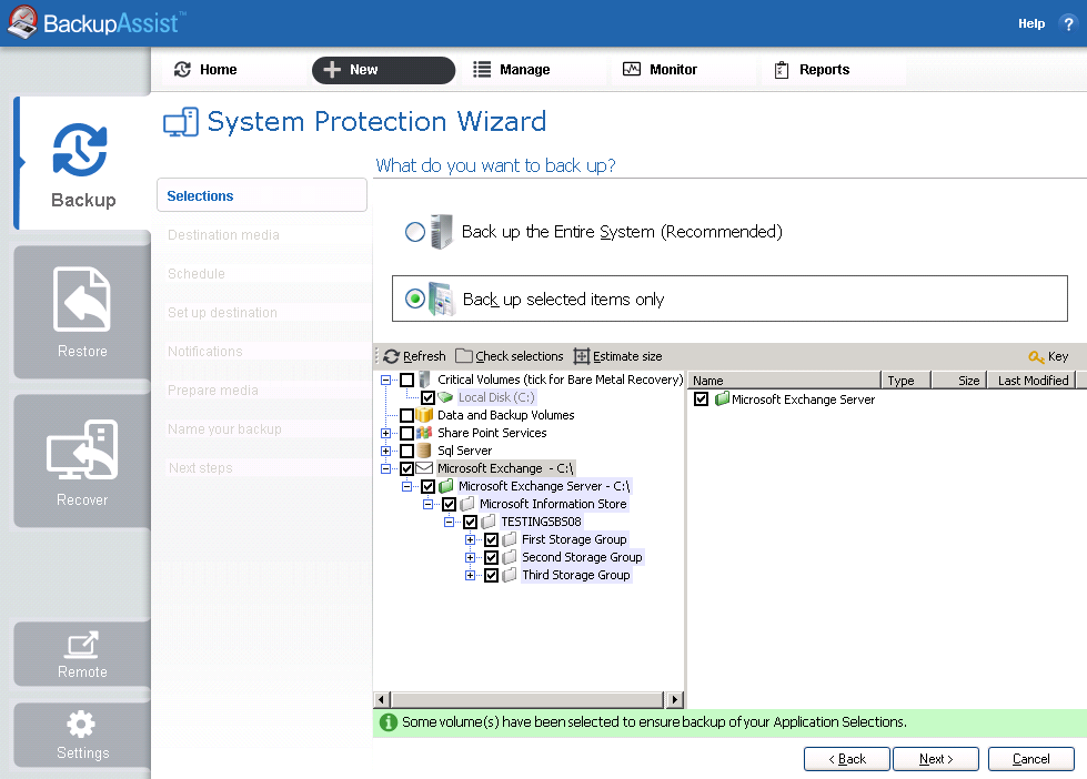 VSS application backups for Exchange with BackupAssist