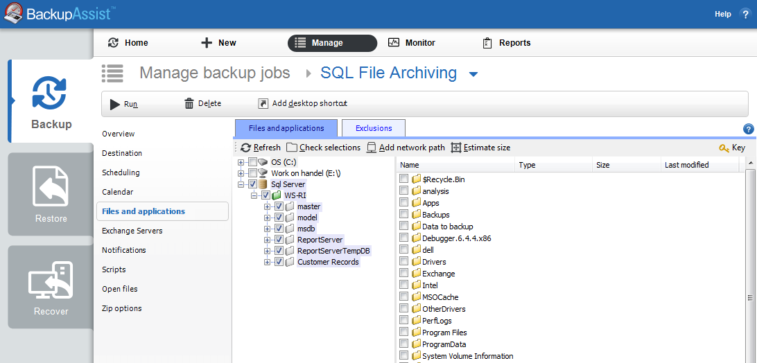 VSS application backup and restore with BackupAssist
