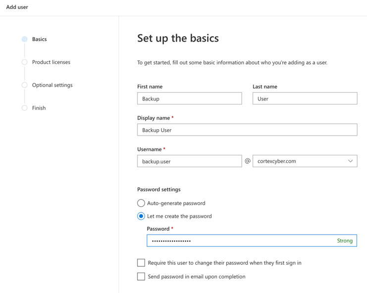 Creating a backup user for backing up mailboxes in Office 365 
