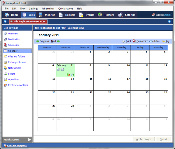 BackupAssist job calendar