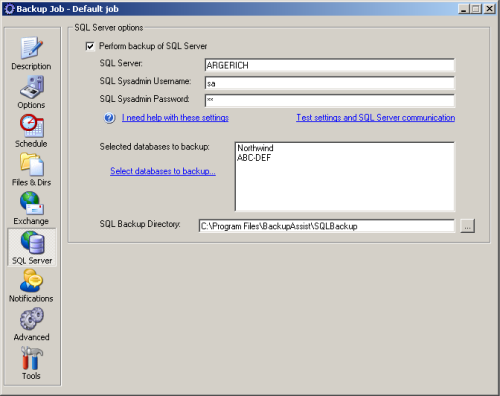 SQL server settings in BackupAssist