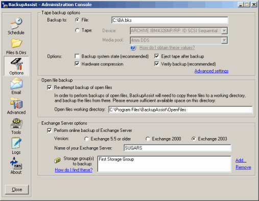 BackupAssist Options