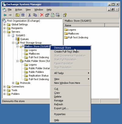 Dismount stores in Exchange Server Manager