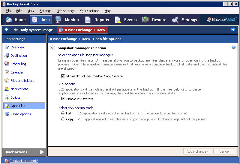 Rsync VSS writers for application backup support
