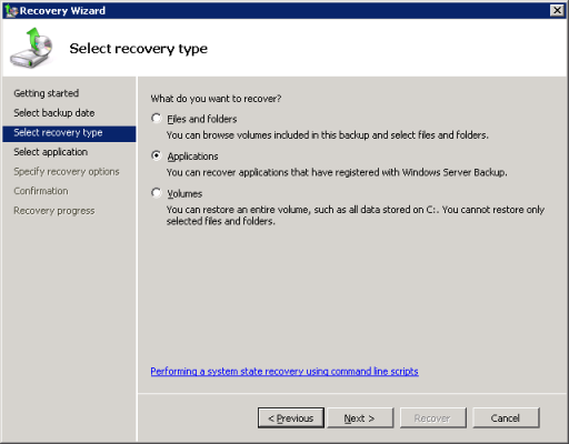 Windows Server Backup Restore VSS Application