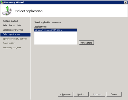 Windows Server Backup Restore VSS Application List