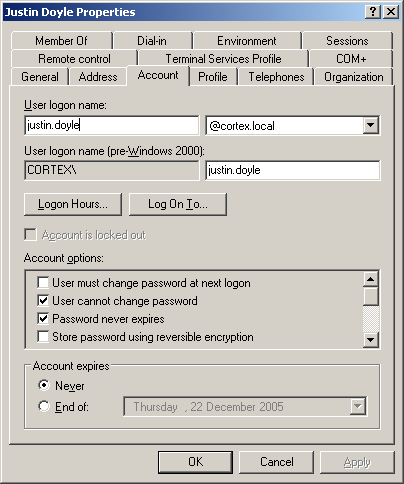 Screenshot showing user properties
