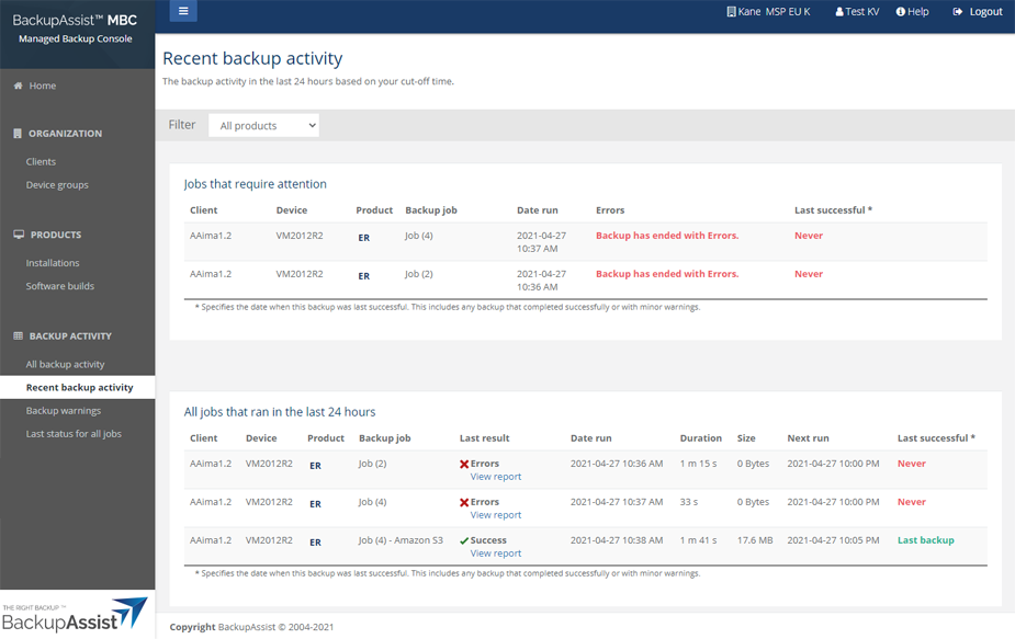 Backups that ran in the last 24hrs