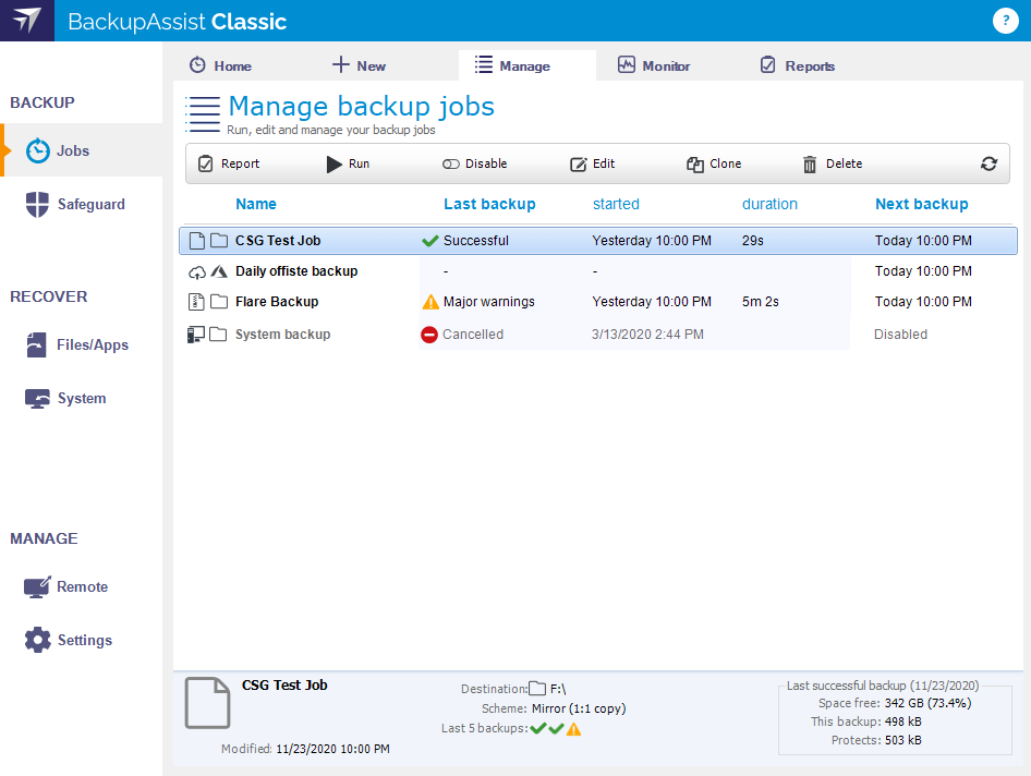 Managing backup jobs